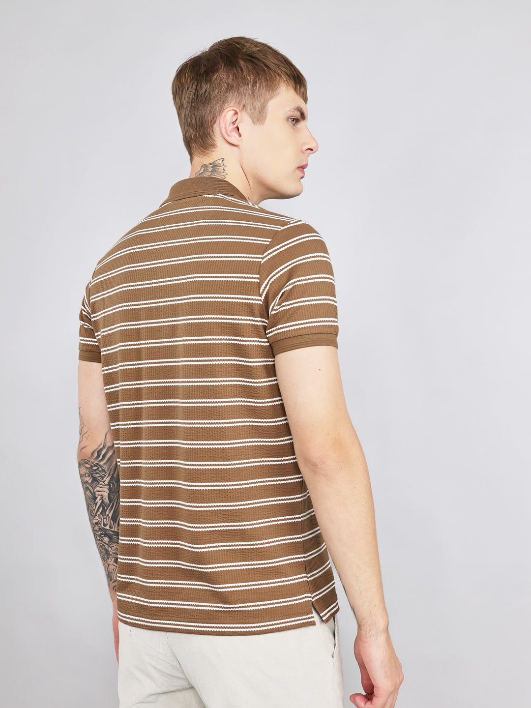 Men Brown Stripe Collar Half Sleeve T-Shirt