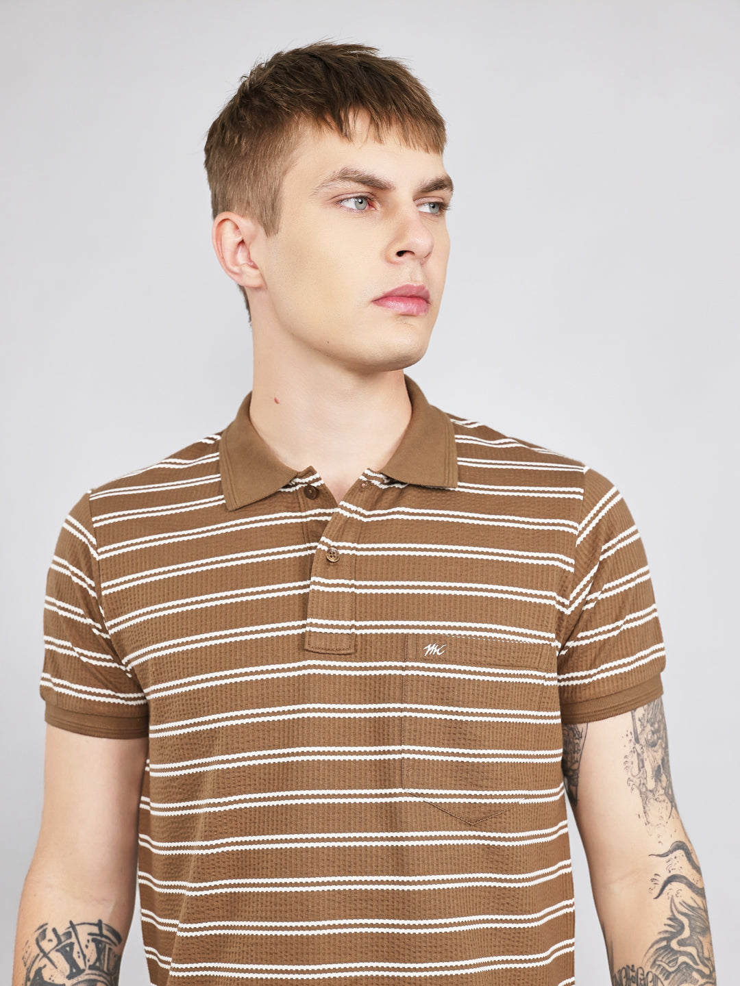Men Brown Stripe Collar Half Sleeve T-Shirt