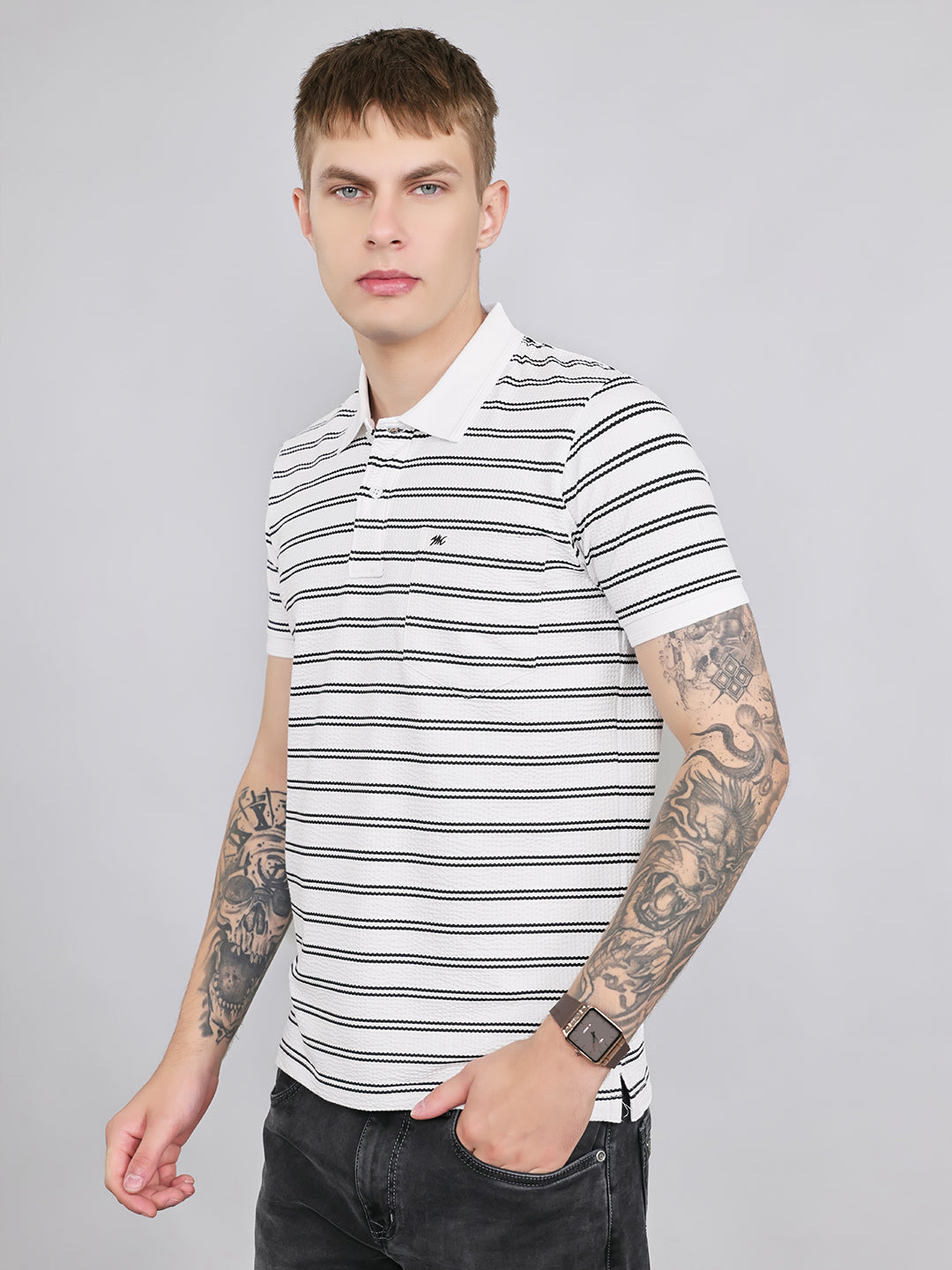 Men Grey Stripe Collar Half Sleeve T-Shirt