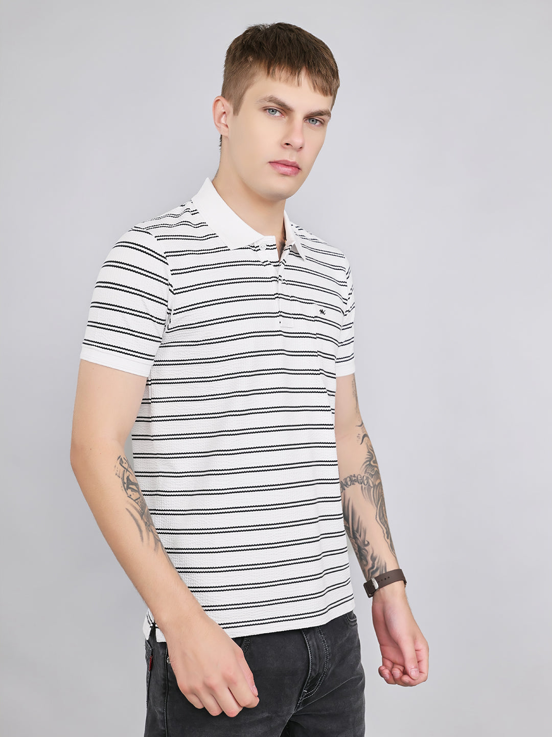 Men Grey Stripe Collar Half Sleeve T-Shirt