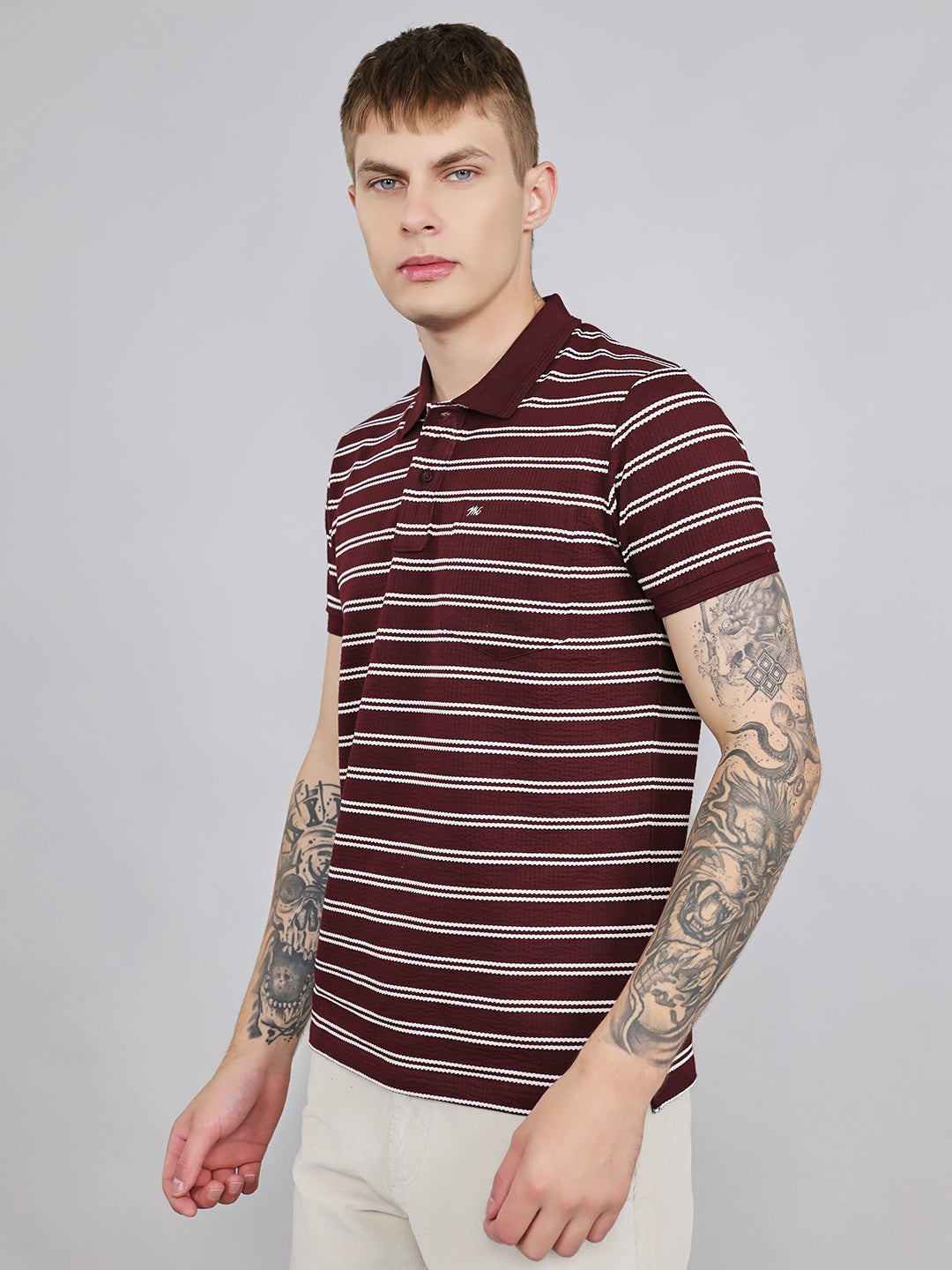 Men Maroon Stripe Collar Half Sleeve T-Shirt