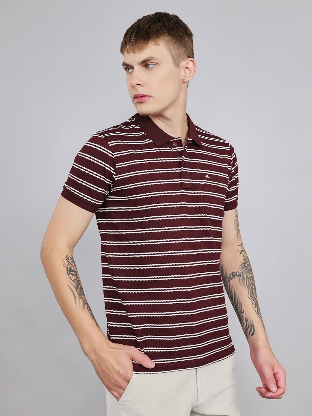 Men Maroon Stripe Collar Half Sleeve T-Shirt