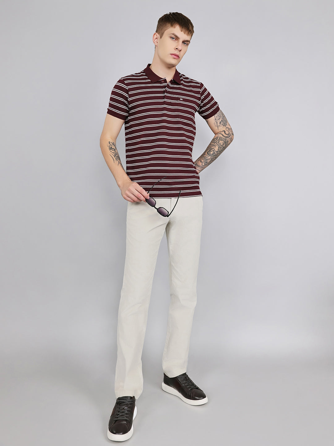 Men Maroon Stripe Collar Half Sleeve T-Shirt
