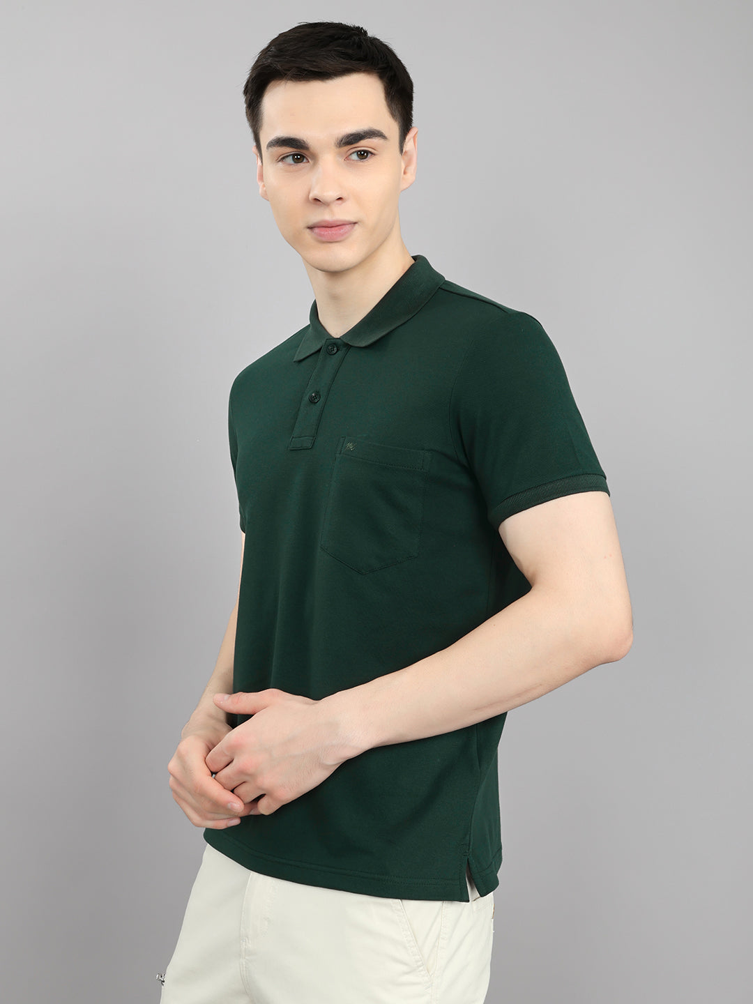 Men Dark Green Solid Collar Half Sleeve T-Shirt