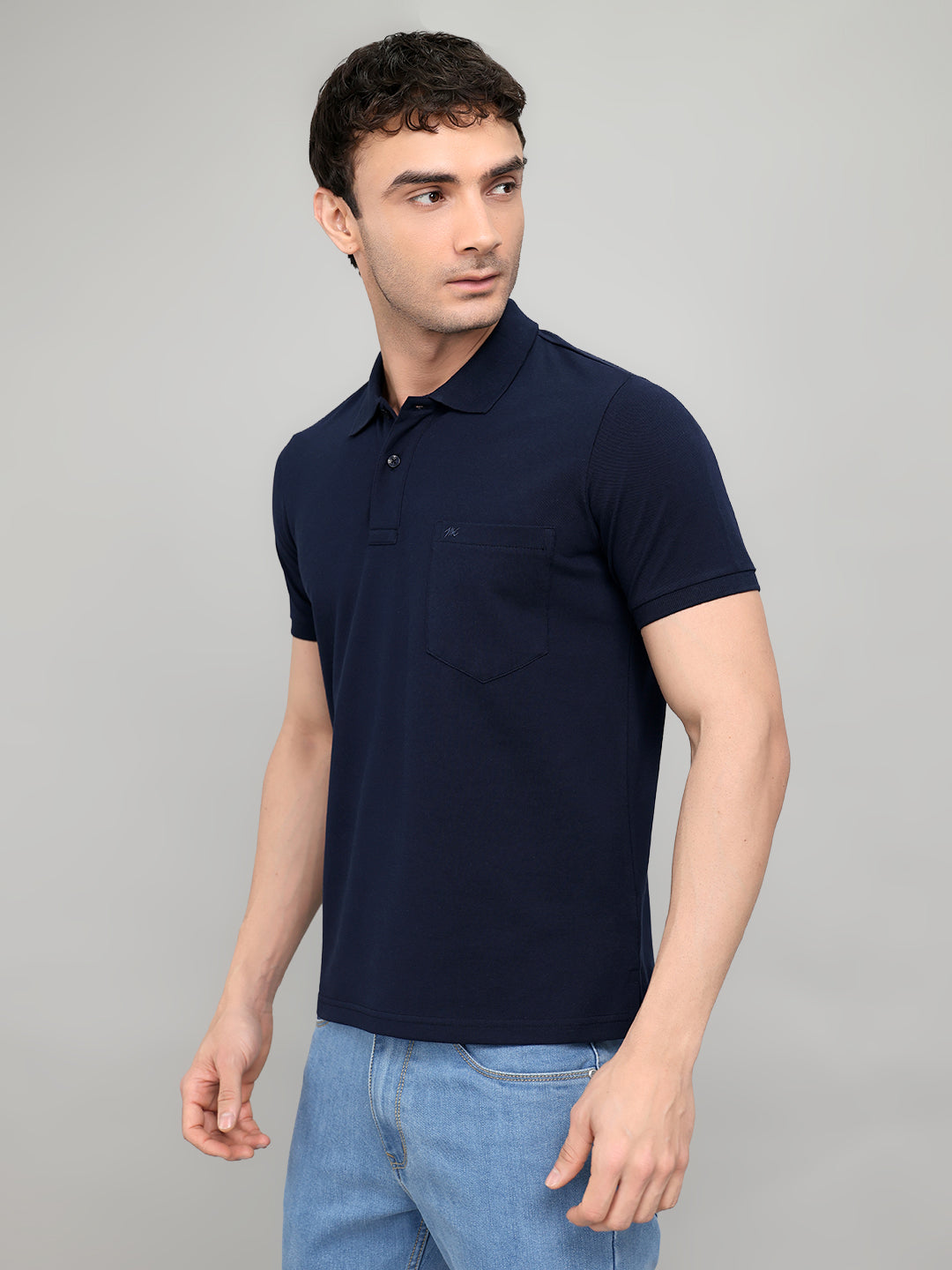Men Navy Blue Solid Collar Half Sleeve T-Shirt