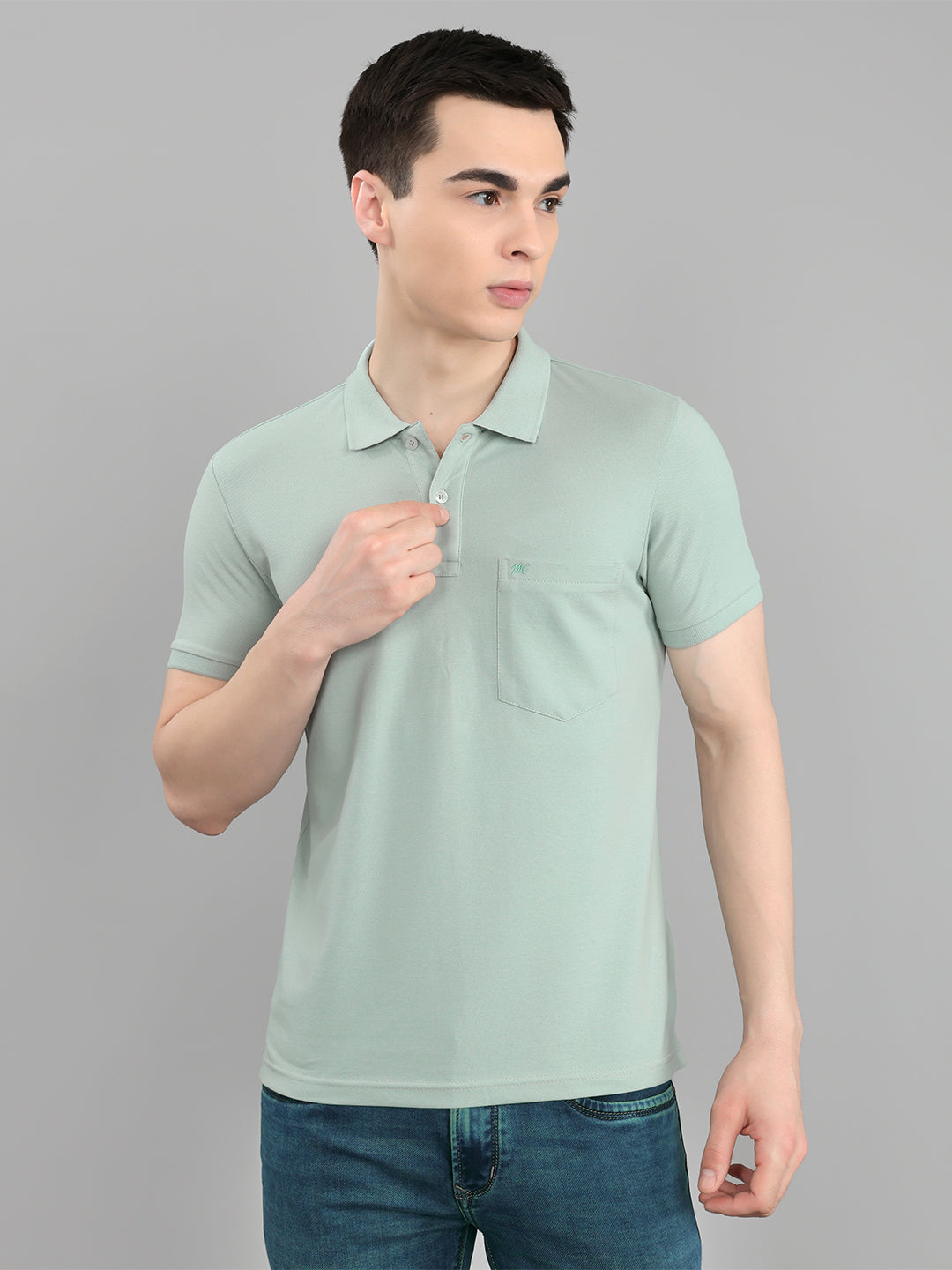 Men Sea Green Solid Collar Half Sleeve T-Shirt