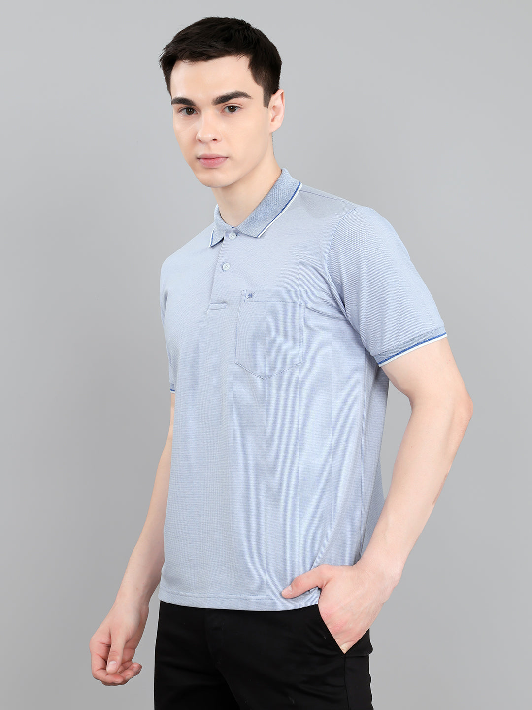 Men Sky Blue Solid Collar Half Sleeve T-Shirt