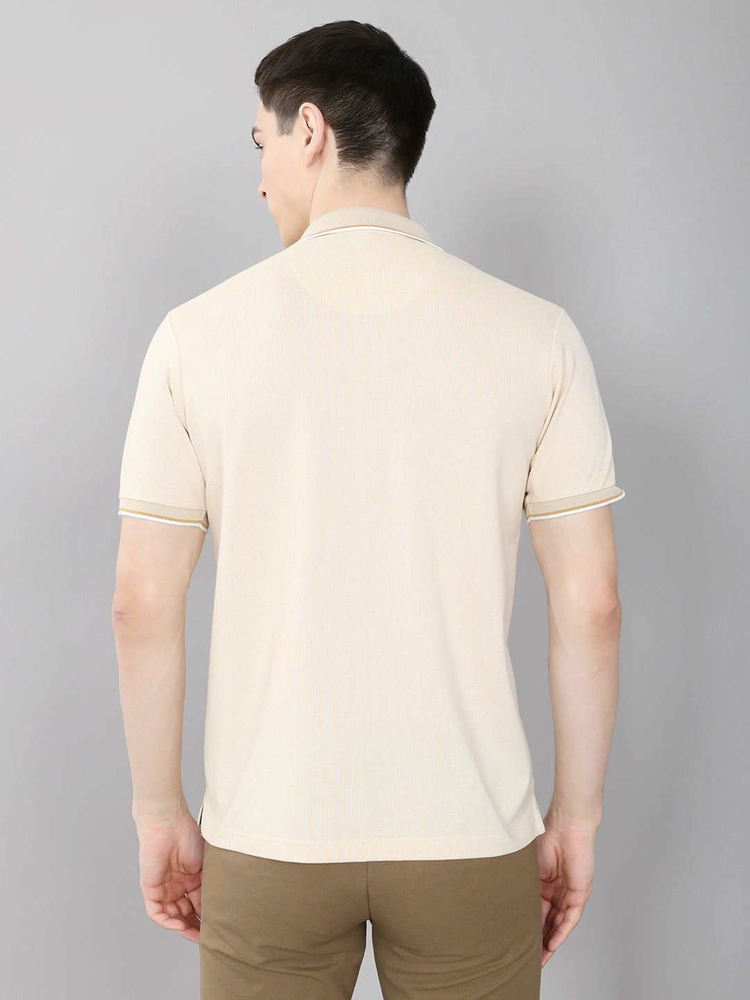 Men Beige Solid Collar Half Sleeve T-Shirt