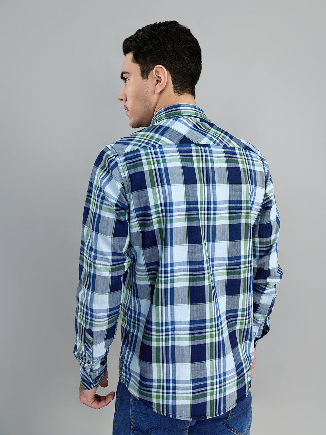 Men Blue Check Collar Full Sleeve Shirt