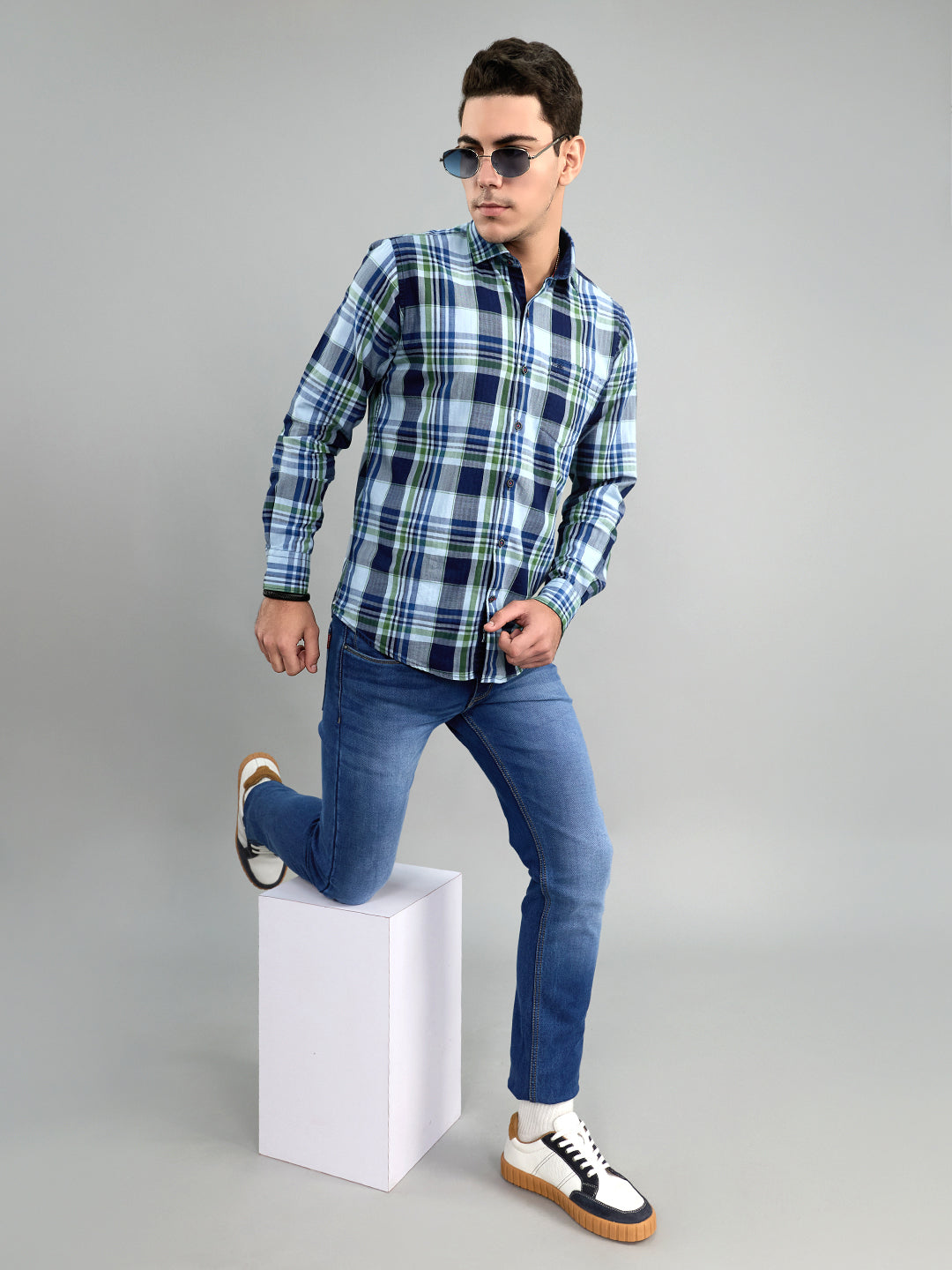 Men Blue Check Collar Full Sleeve Shirt