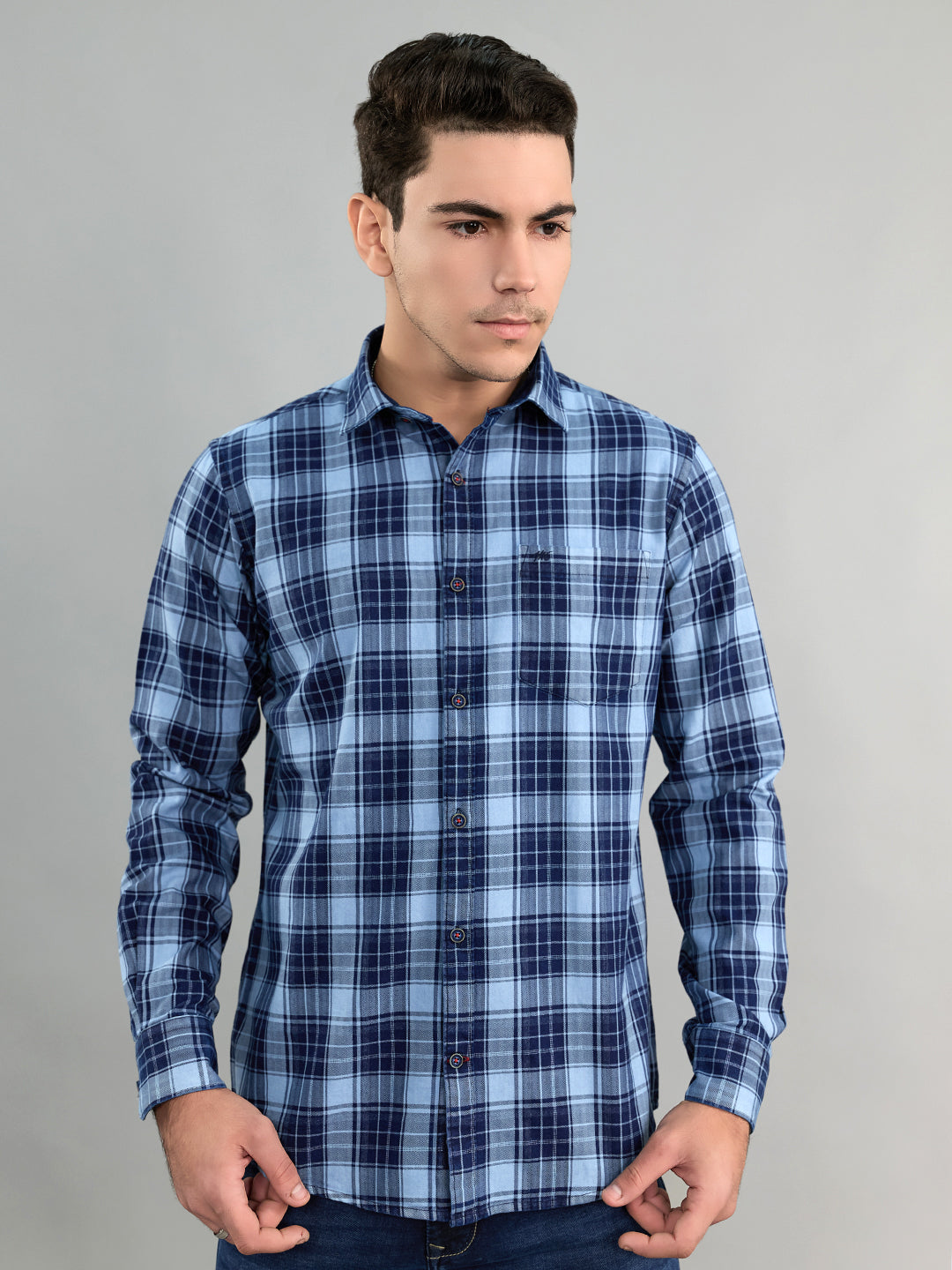 Buy Men Navy Blue Check Collar Full Sleeve Shirt Online in India