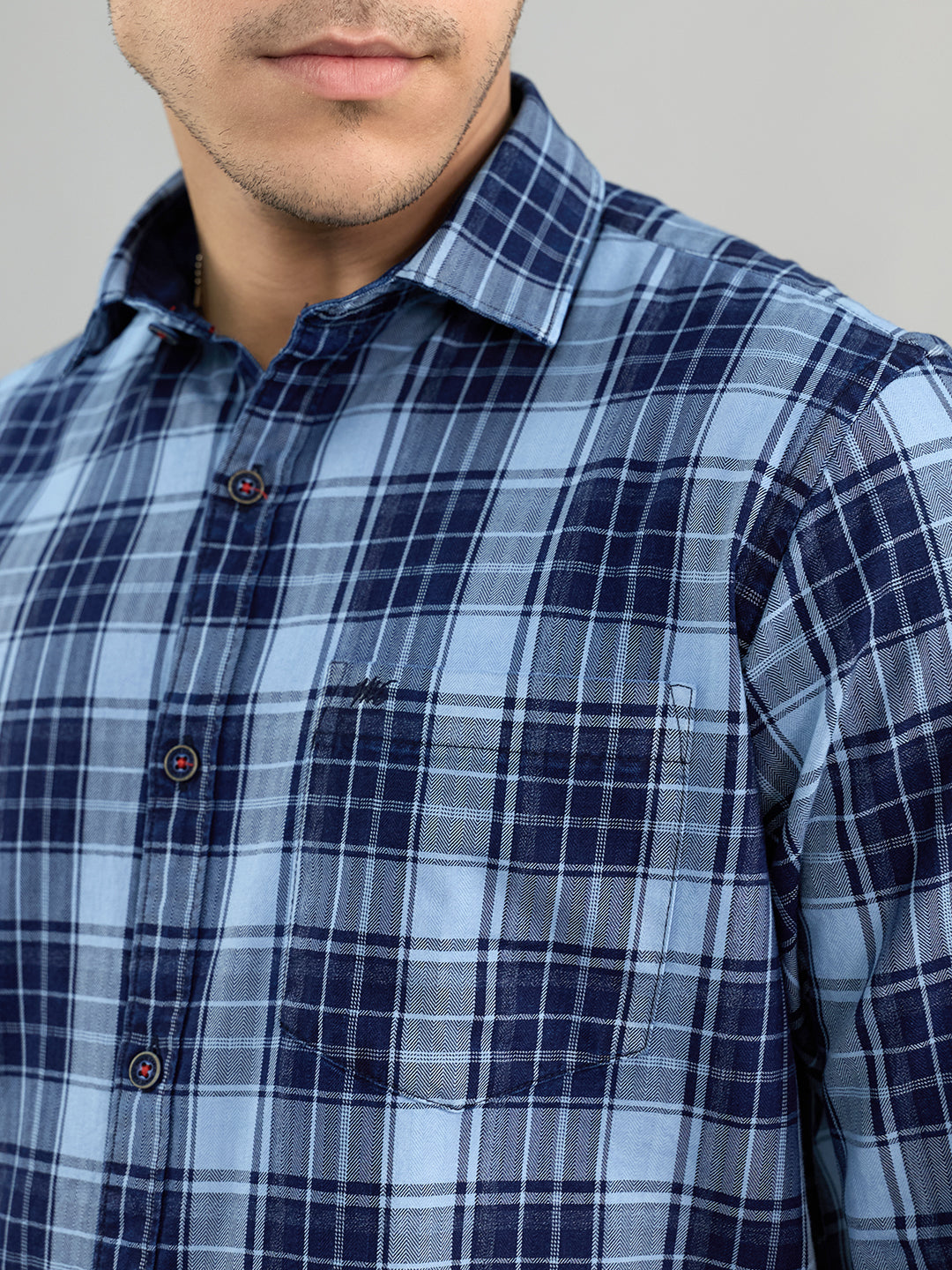 Men Navy Blue Check Collar Full Sleeve Shirt
