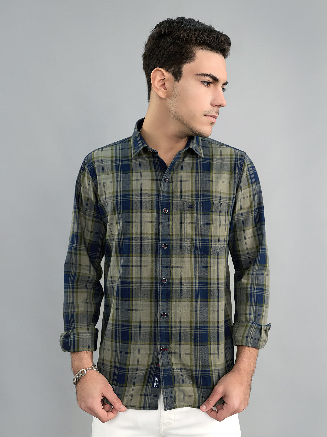 Men Olive Check Collar Full Sleeve Shirt