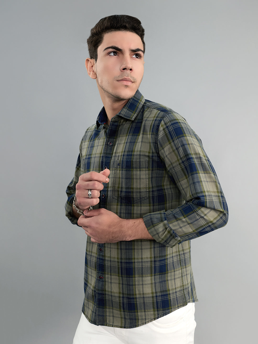 Men Olive Check Collar Full Sleeve Shirt