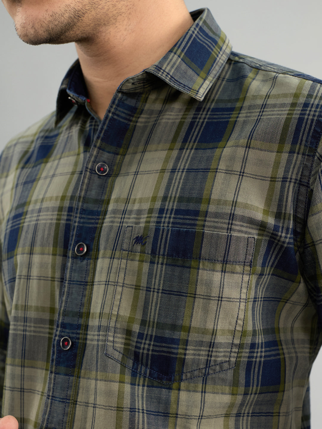 Men Olive Check Collar Full Sleeve Shirt