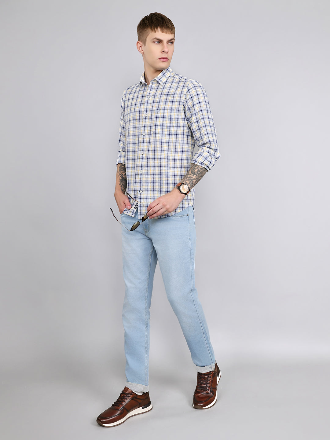 Men Blue Check Collar Full Sleeve Shirt