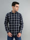 Men Navy Blue Check Collar Full Sleeve Shirt