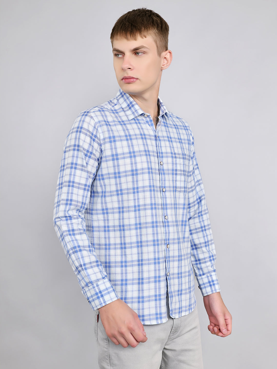 Men Sky Blue Check Collar Full Sleeve Shirt