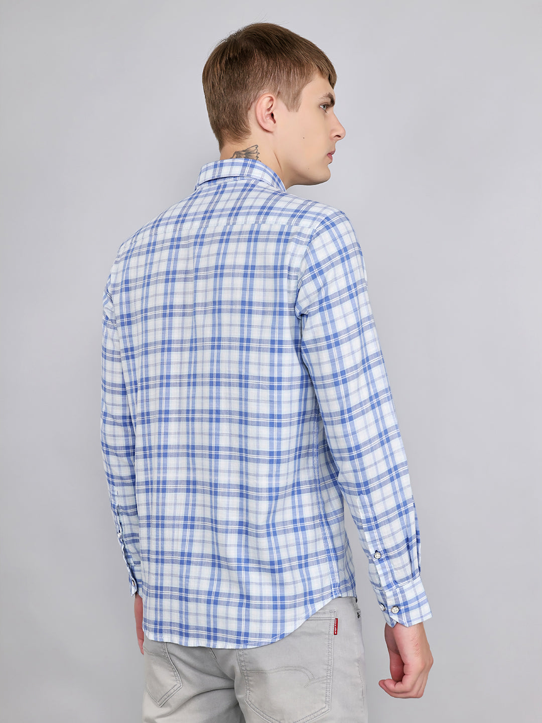 Men Sky Blue Check Collar Full Sleeve Shirt