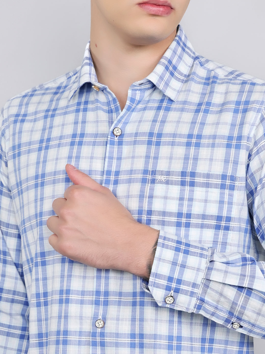 Men Sky Blue Check Collar Full Sleeve Shirt