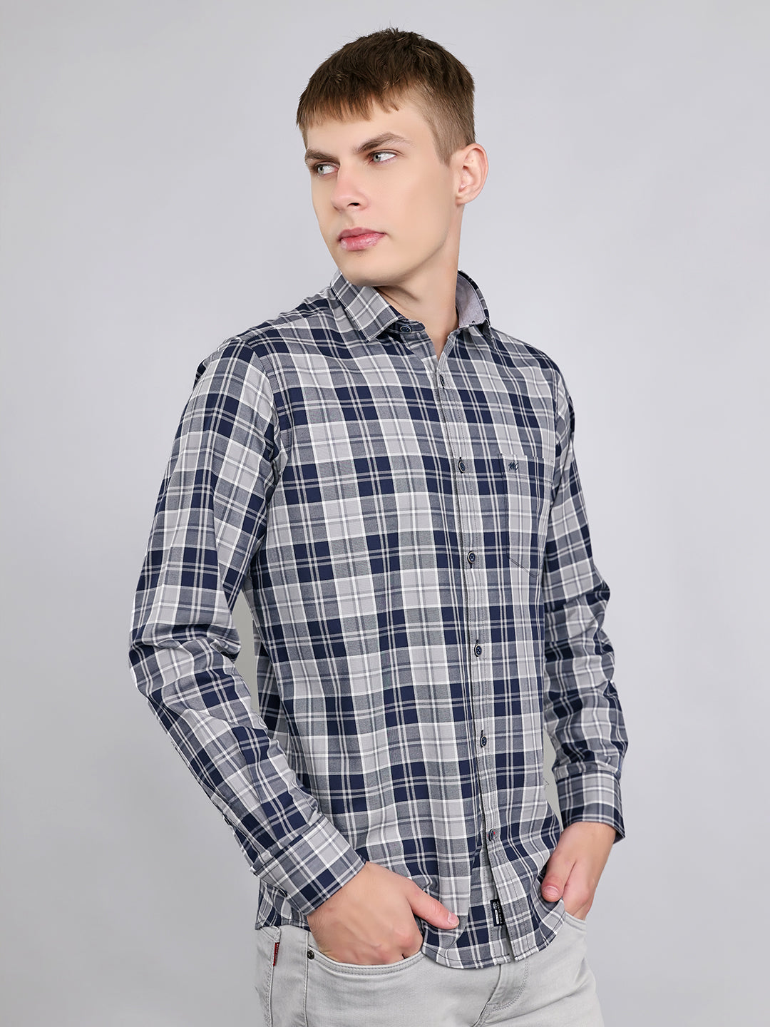 Men Navy Blue Check Collar Full Sleeve Shirt