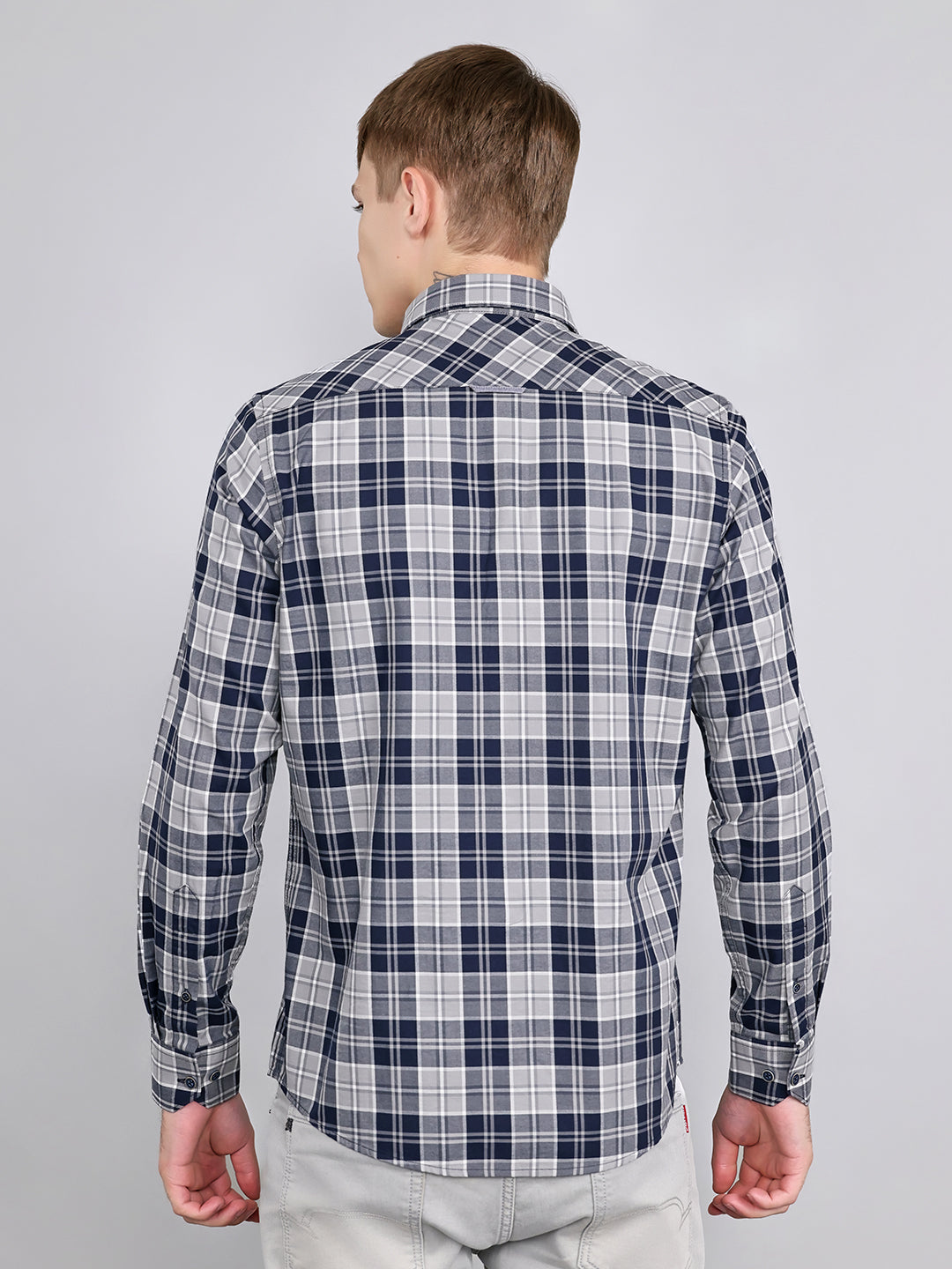 Men Navy Blue Check Collar Full Sleeve Shirt