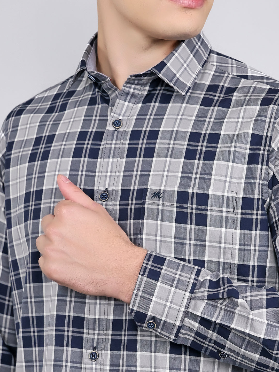 Men Navy Blue Check Collar Full Sleeve Shirt