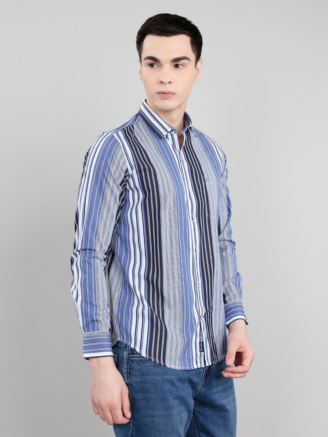 Men Blue Stripe Collar Full Sleeve Shirt