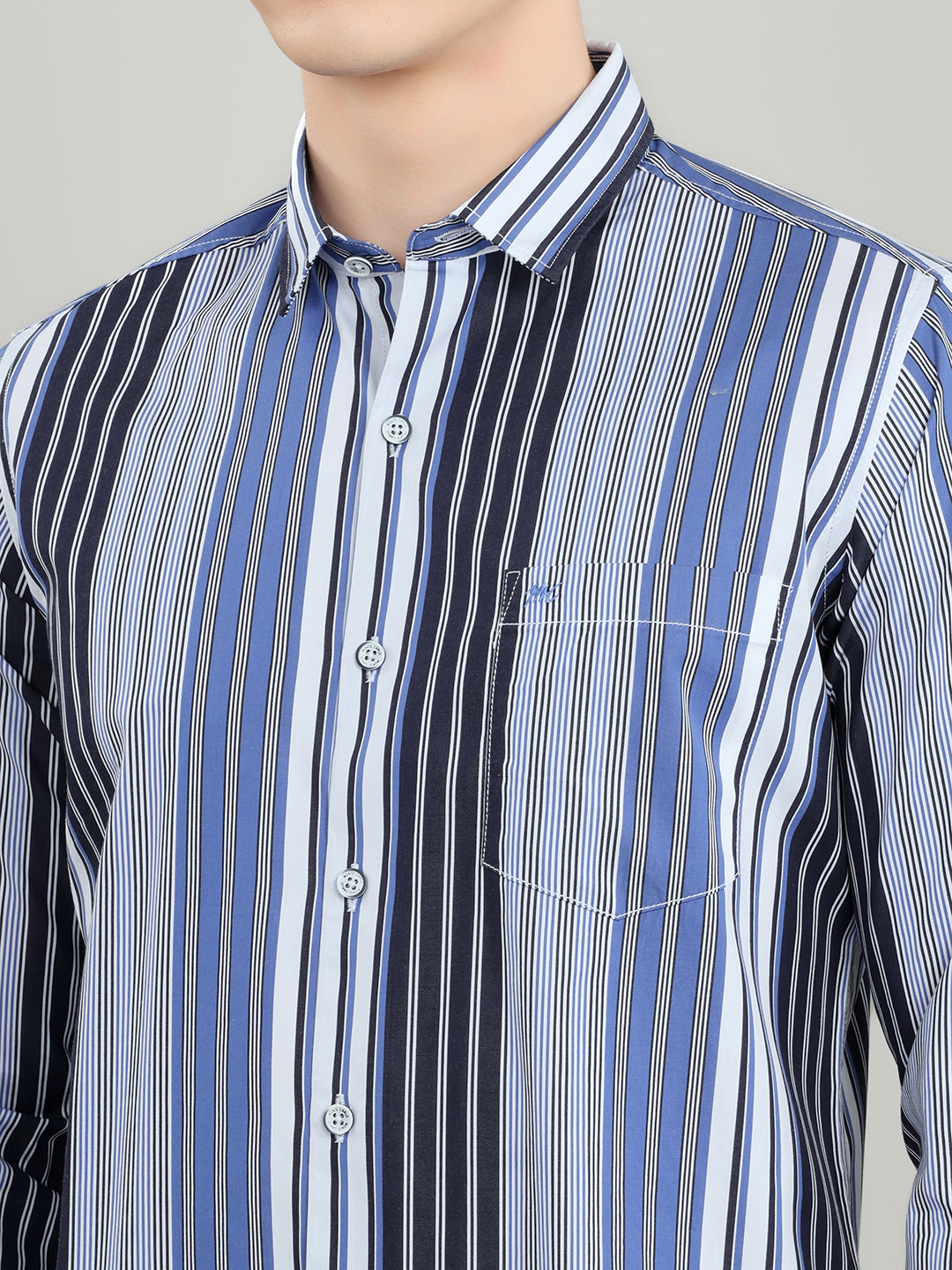 Men Blue Stripe Collar Full Sleeve Shirt