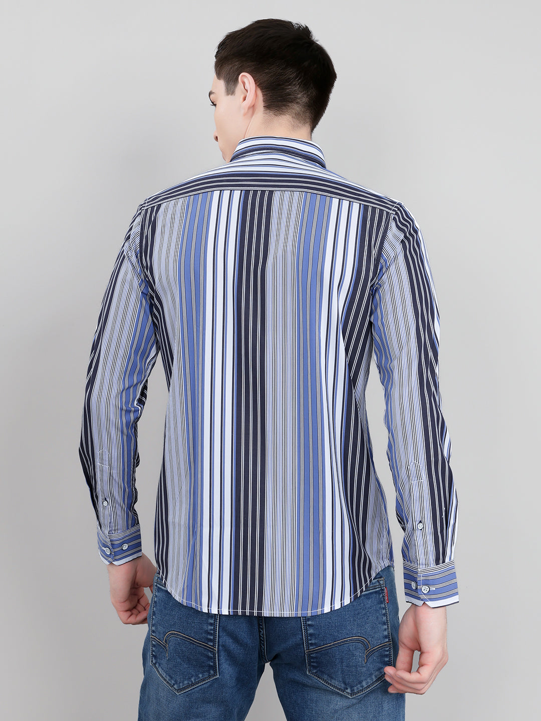 Men Blue Stripe Collar Full Sleeve Shirt