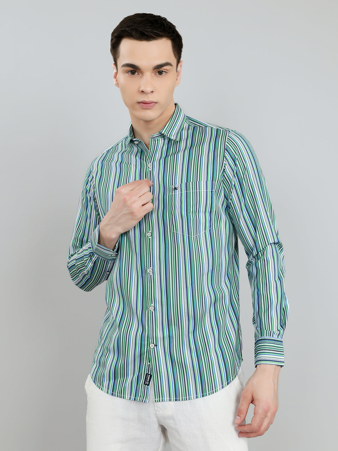 Men Green Stripe Collar Full Sleeve Shirt