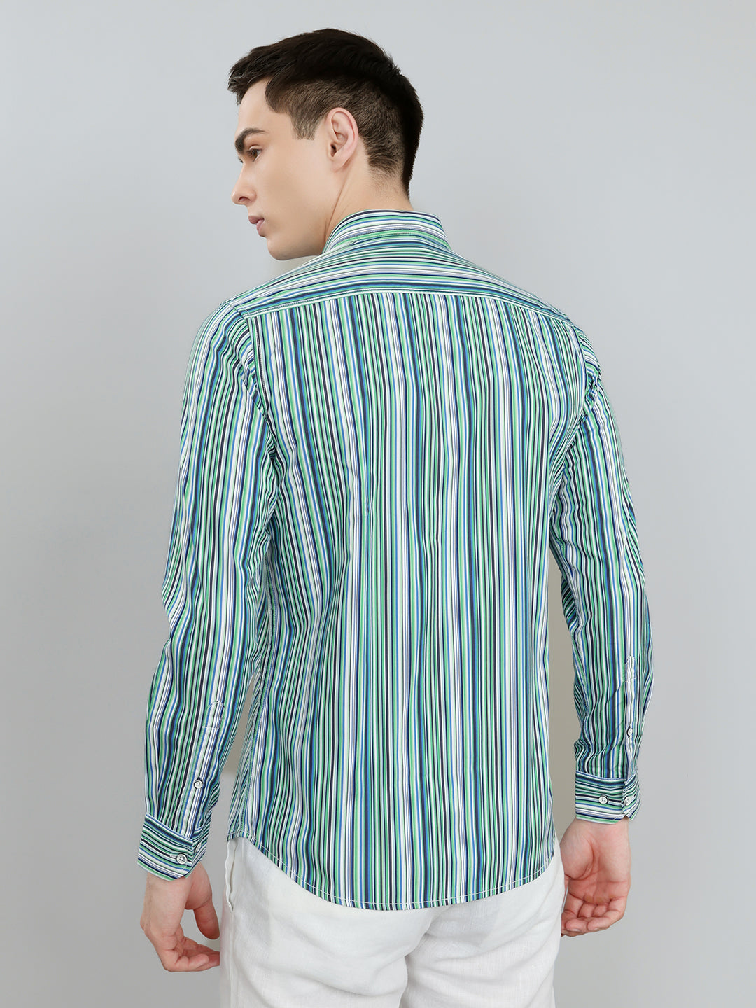 Men Green Stripe Collar Full Sleeve Shirt