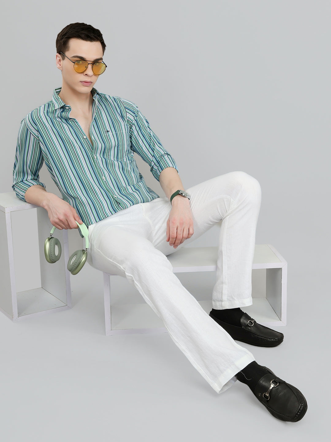 Men Green Stripe Collar Full Sleeve Shirt