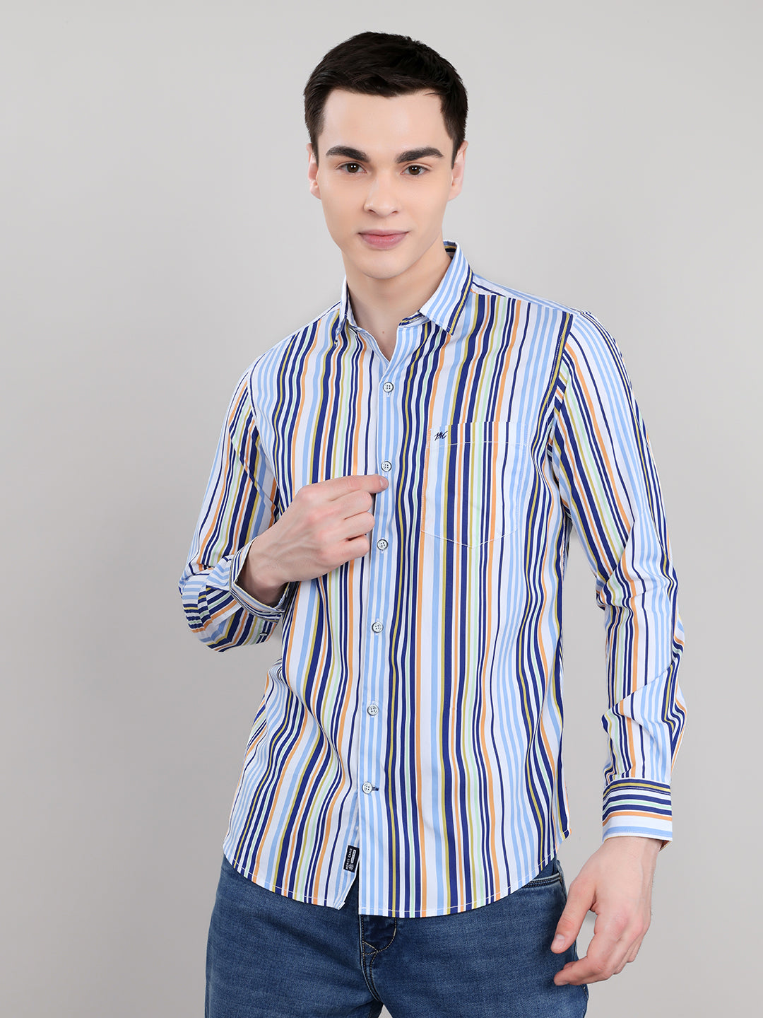 Men Blue Stripe Collar Full Sleeve Shirt