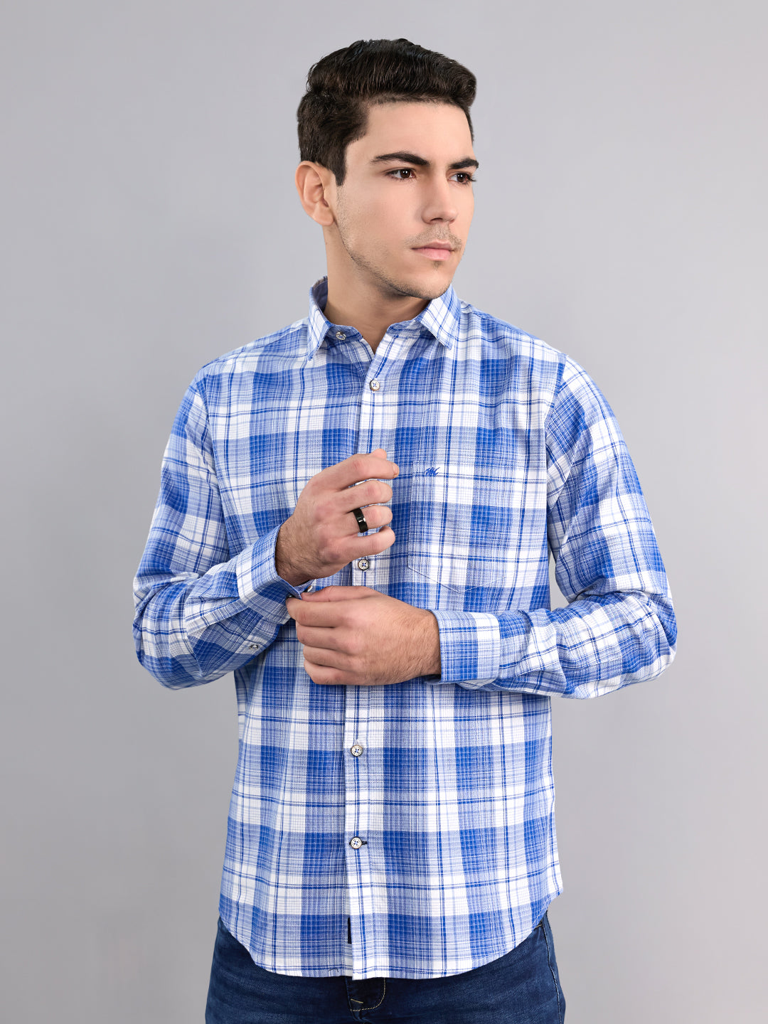 Men Blue Check Collar Full Sleeve Shirt
