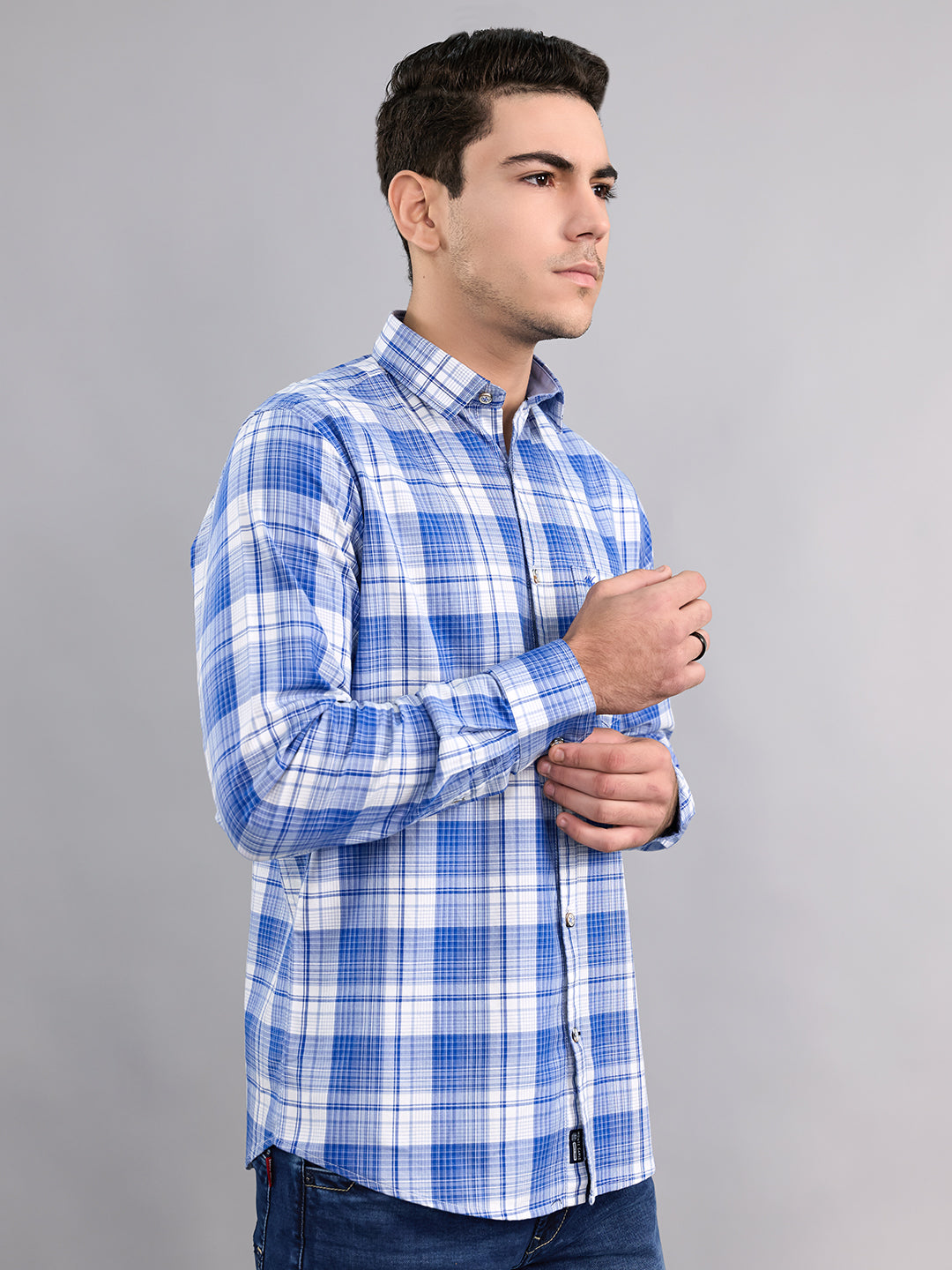 Men Sky Blue Stripe Collar Full Sleeve Shirt