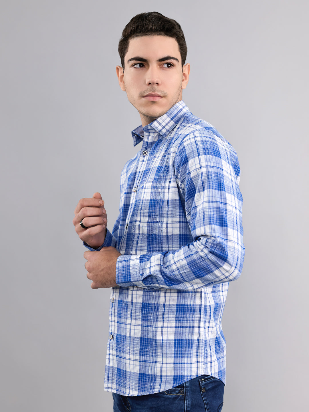 Men Sky Blue Stripe Collar Full Sleeve Shirt