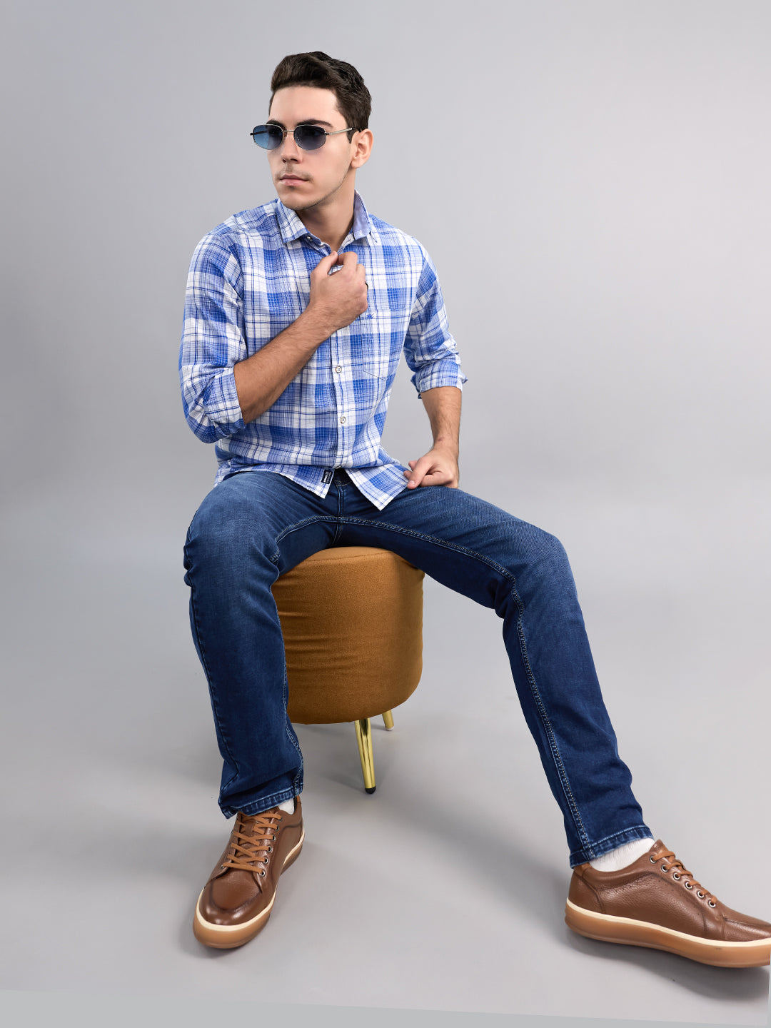 Men Blue Check Collar Full Sleeve Shirt