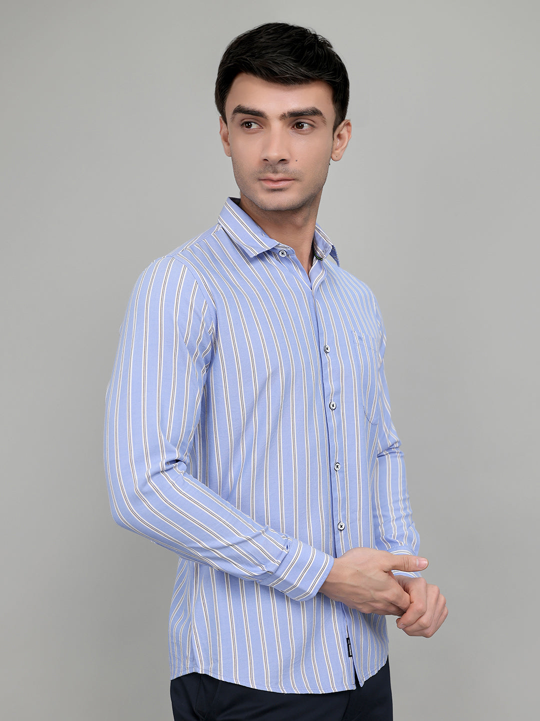 Men Blue Stripe Collar Full Sleeve Shirt