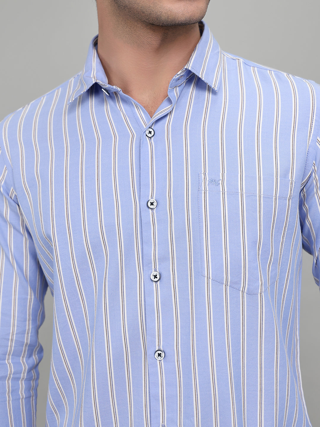 Men Blue Stripe Collar Full Sleeve Shirt