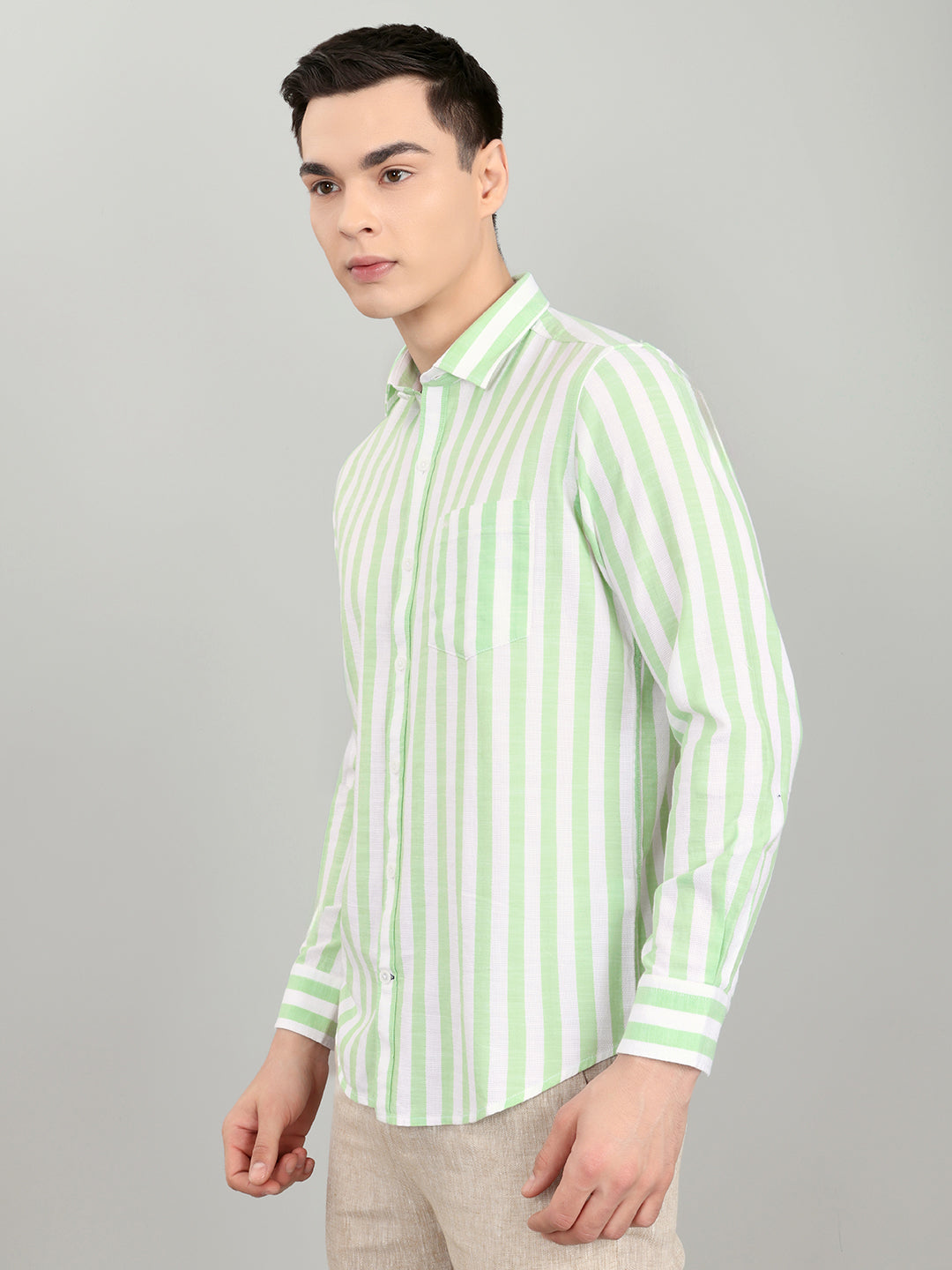 Men Green Stripe Collar Full Sleeve Shirt