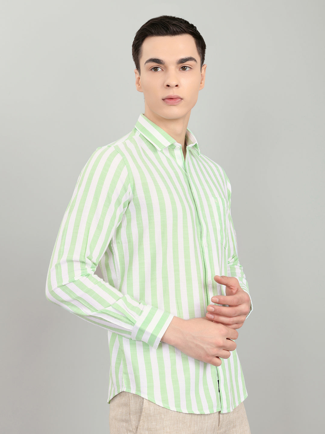 Men Green Stripe Collar Full Sleeve Shirt