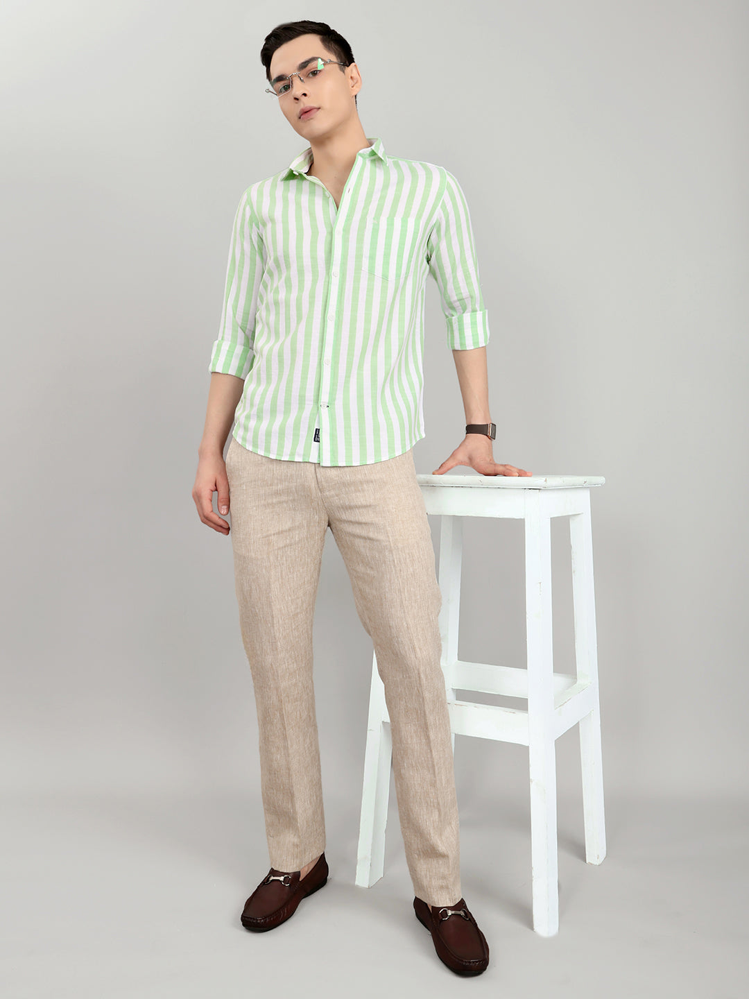 Men Green Stripe Collar Full Sleeve Shirt