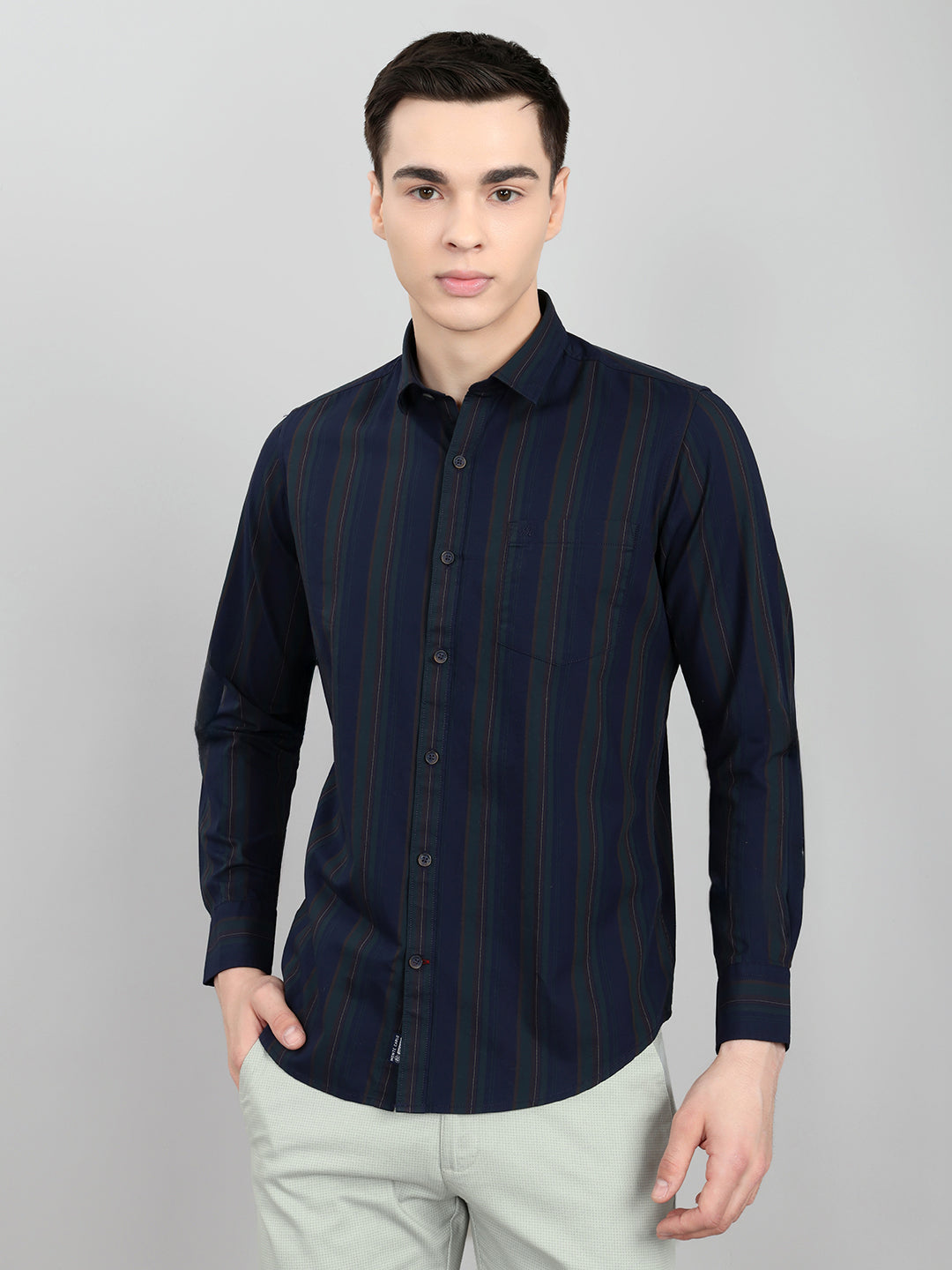 Men Navy Blue Stripe Collar Full Sleeve Shirt
