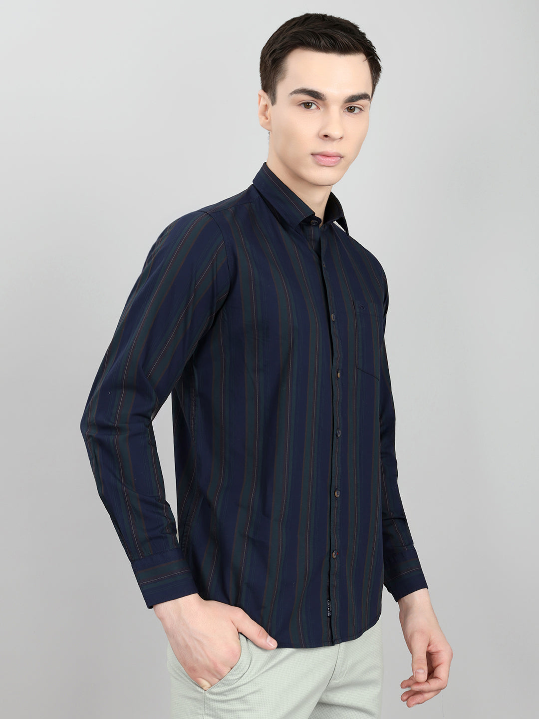 Men Navy Blue Stripe Collar Full Sleeve Shirt