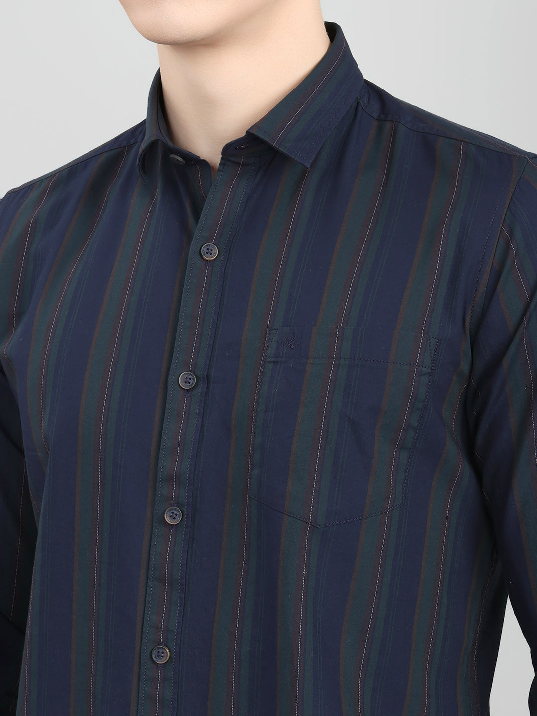 Men Navy Blue Stripe Collar Full Sleeve Shirt