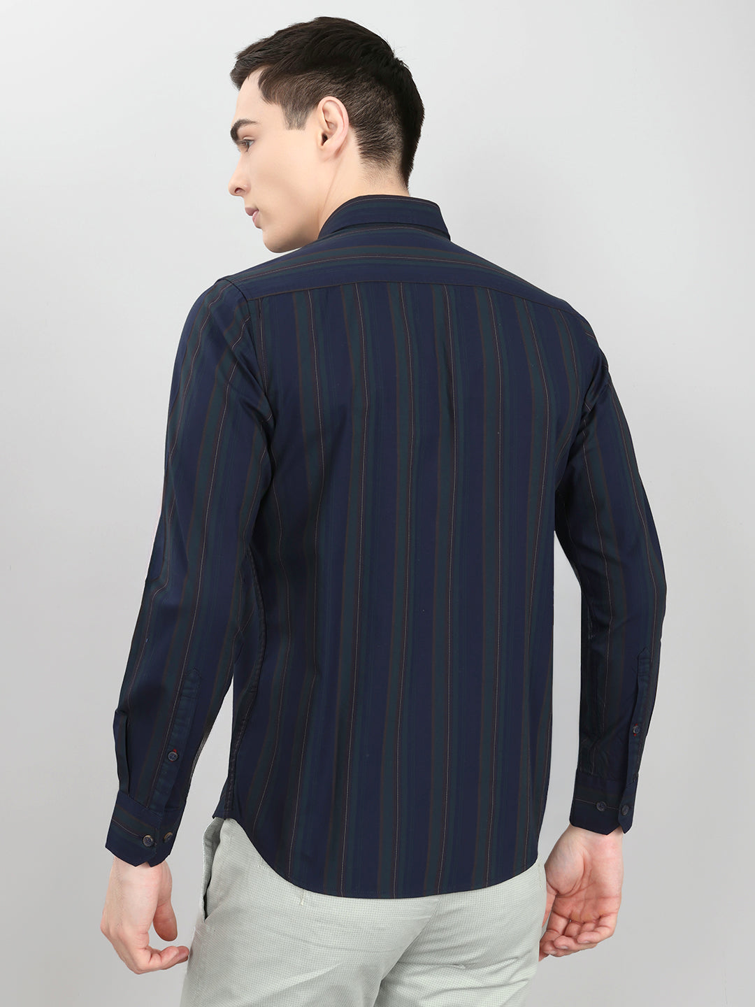 Men Navy Blue Stripe Collar Full Sleeve Shirt
