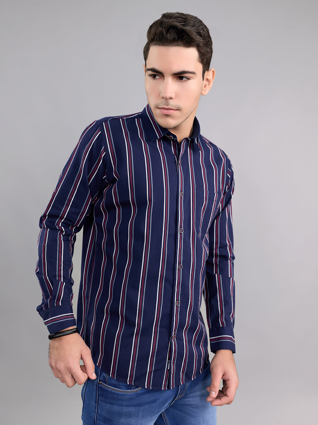 Men Navy Blue Stripe Collar Full Sleeve Shirt