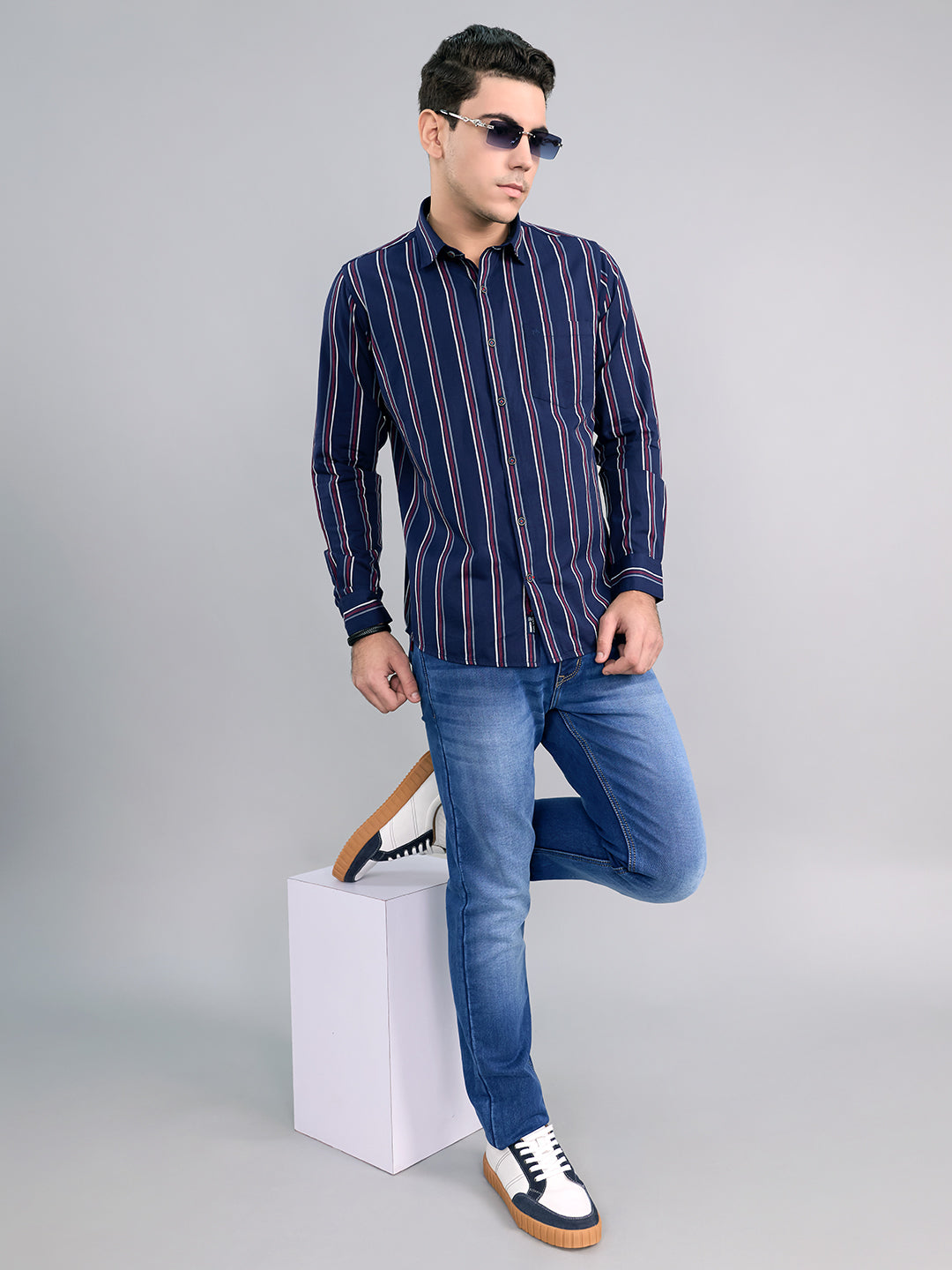 Men Navy Blue Stripe Collar Full Sleeve Shirt