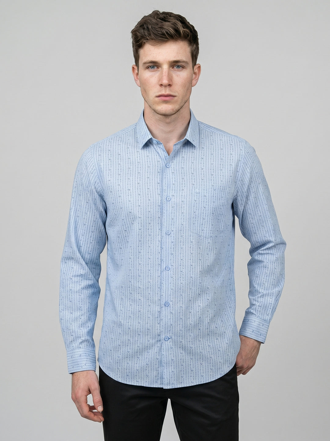 Men Sky Blue Printed Collar Full Sleeve Shirt